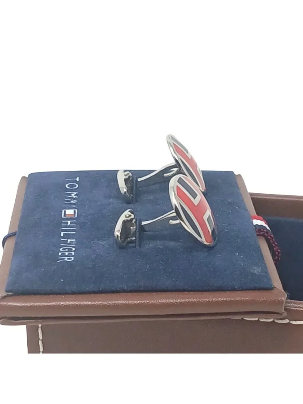 Tommy Hilfiger Cufflinks Oval Logo Red Blue H Design with Box VIntage #J-7
